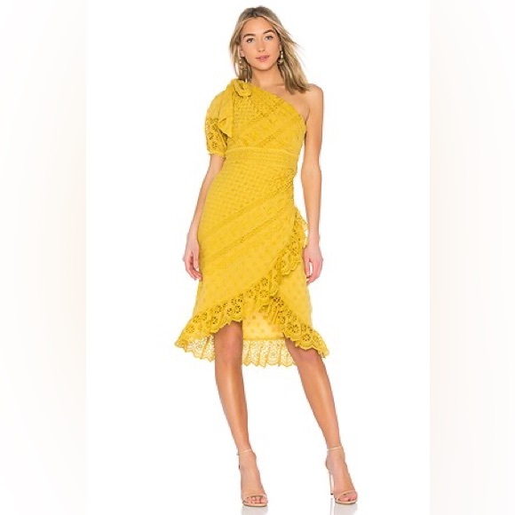 Ulla Johnson Gwyneth Size One Shoulder Eyelet Mustard Midi Dress